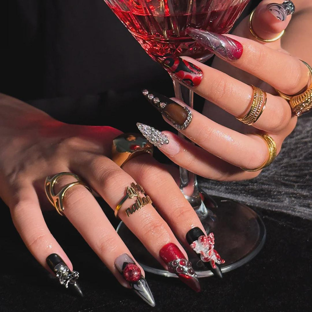 Press On Nails Skull Art with Angel Charm | 3D Fake Nails in Long Almond | Handmade Gothic Silver & Black for Holiday, Vacation, Birthday