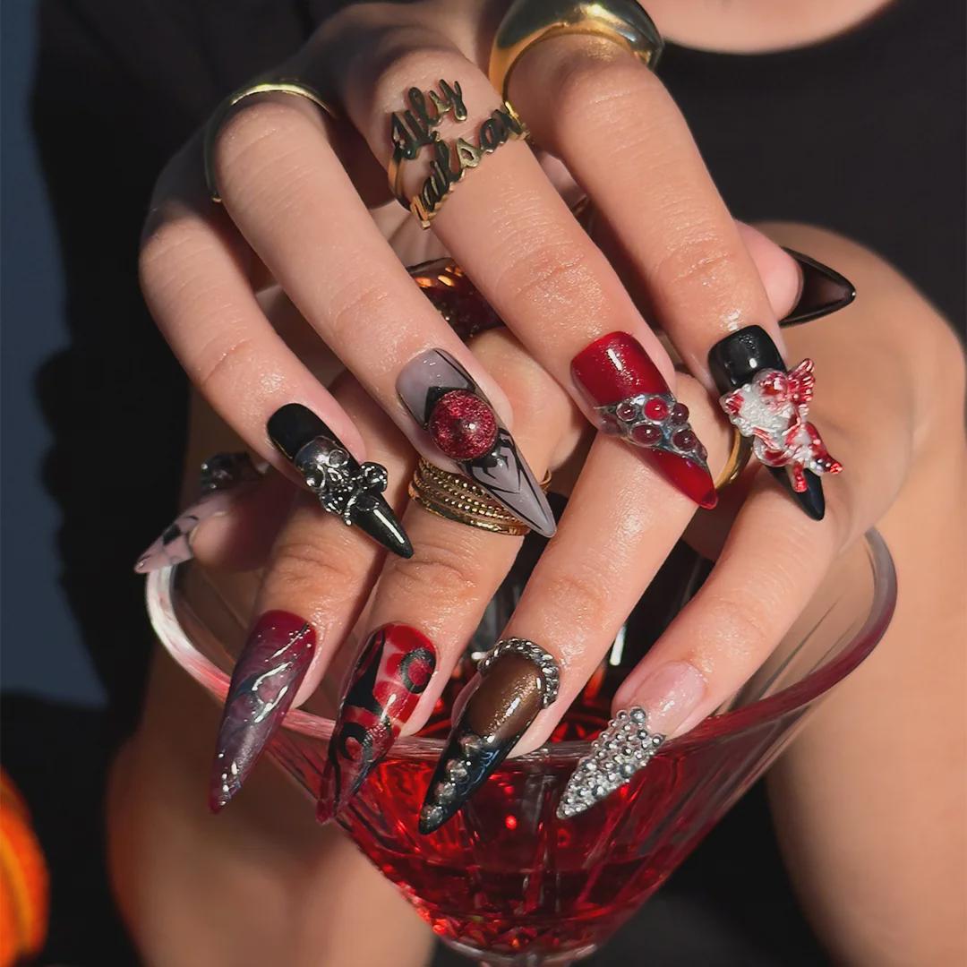 Press On Nails Skull Art with Angel Charm | 3D Fake Nails in Long Almond | Handmade Gothic Silver & Black for Holiday, Vacation, Birthday