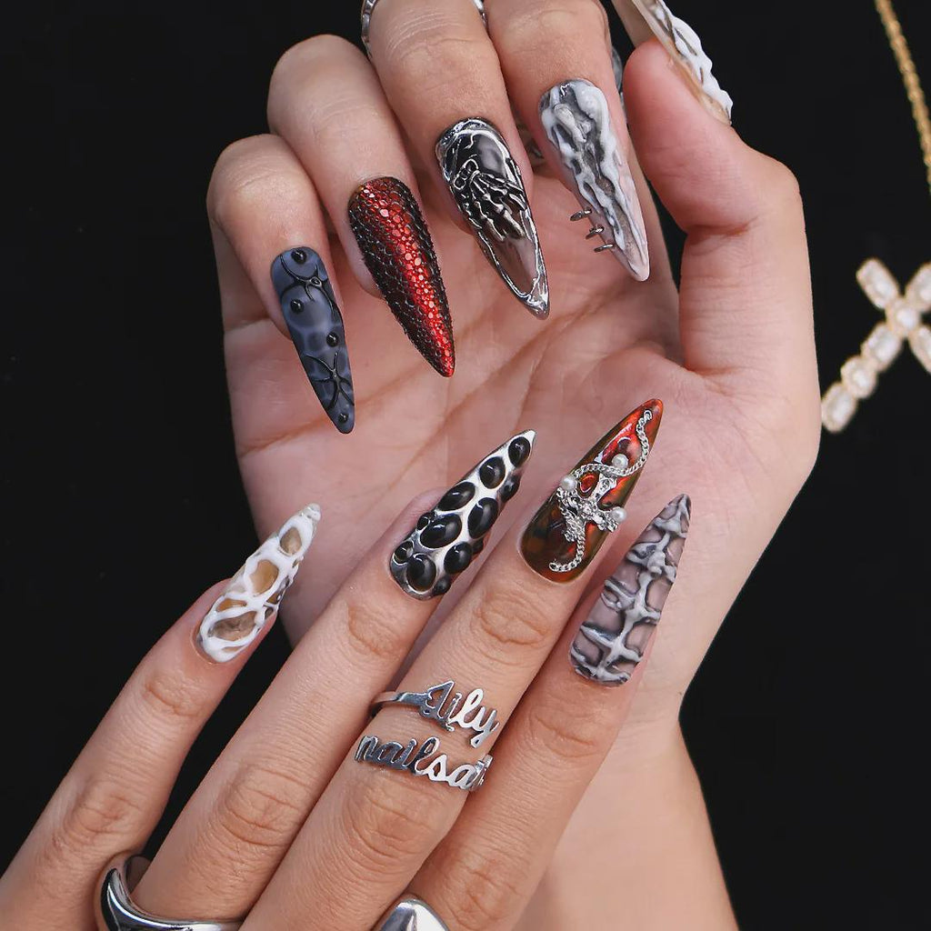 Halloween Gothic Press On Nails With Snake Charms & Metallic Bones | Fake Nails in Long Almond | Handmade Nail Art for Party, Costumes