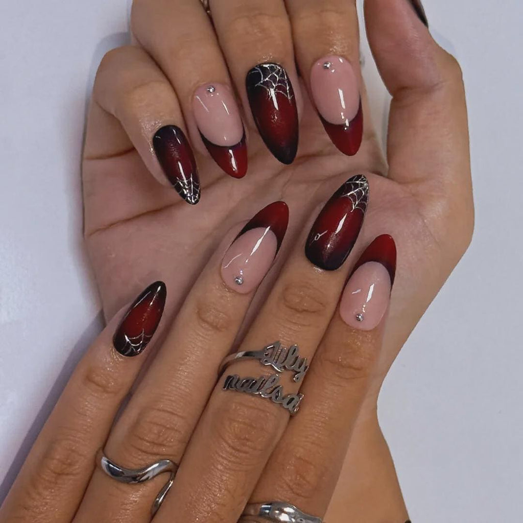 Halloween Press On Nails With Silver Web & Red Ombre | French Tip Fake Nails in Medium Almond | Handmade Nail Art for Party Or Birthday