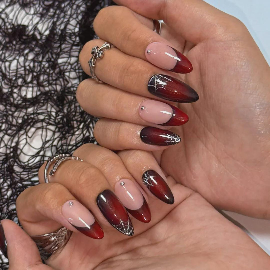 Halloween Press On Nails With Silver Web & Red Ombre | French Tip Fake Nails in Medium Almond | Handmade Nail Art for Party Or Birthday