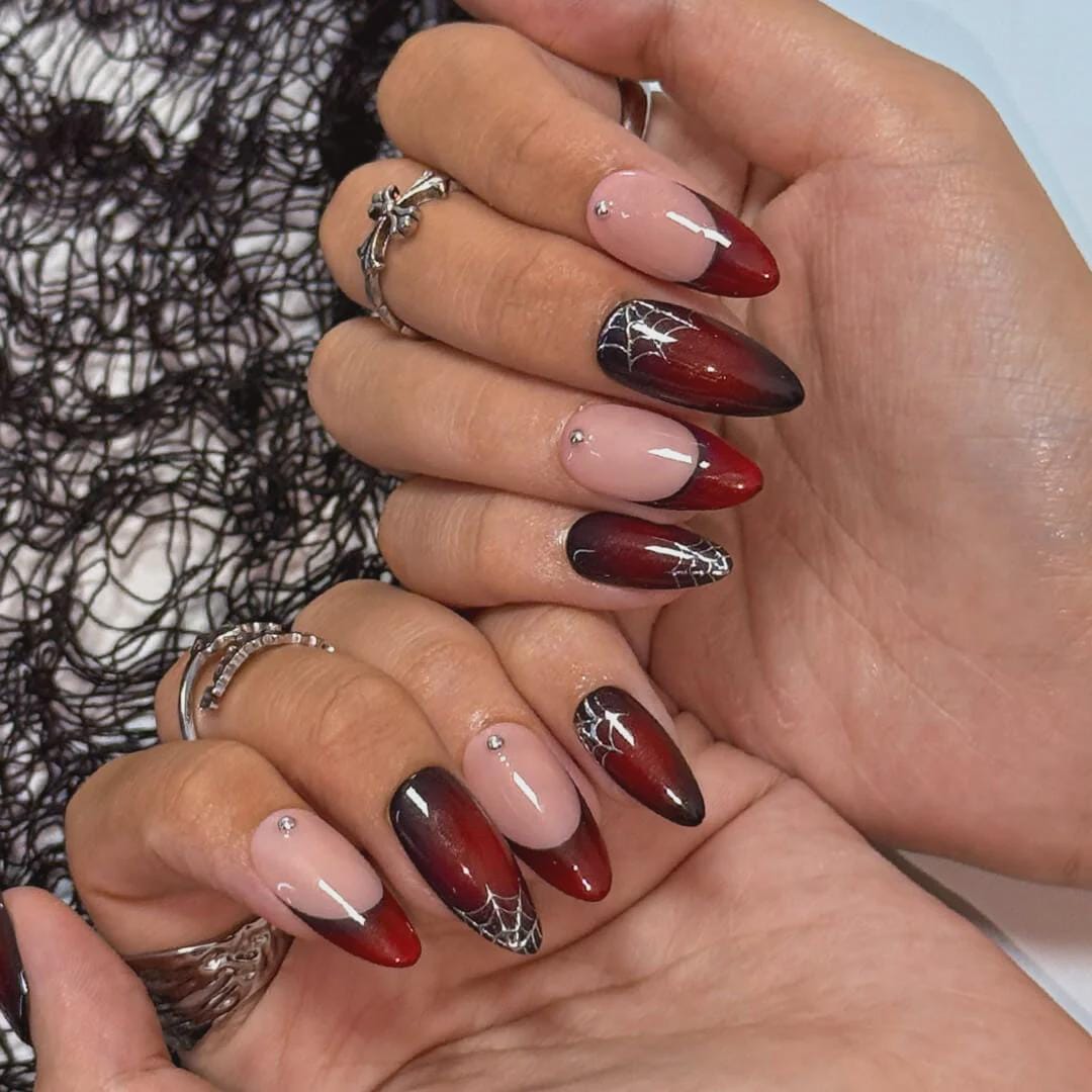 Halloween Press On Nails With Silver Web & Red Ombre | French Tip Fake Nails in Medium Almond | Handmade Nail Art for Party Or Birthday