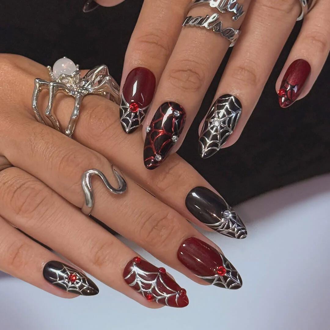 Halloween Press On Nails with 3D Black Spider on Silver & Red Web | Gothic Fake Nails in Medium Almond | Handmade Nail Art for Costume Party