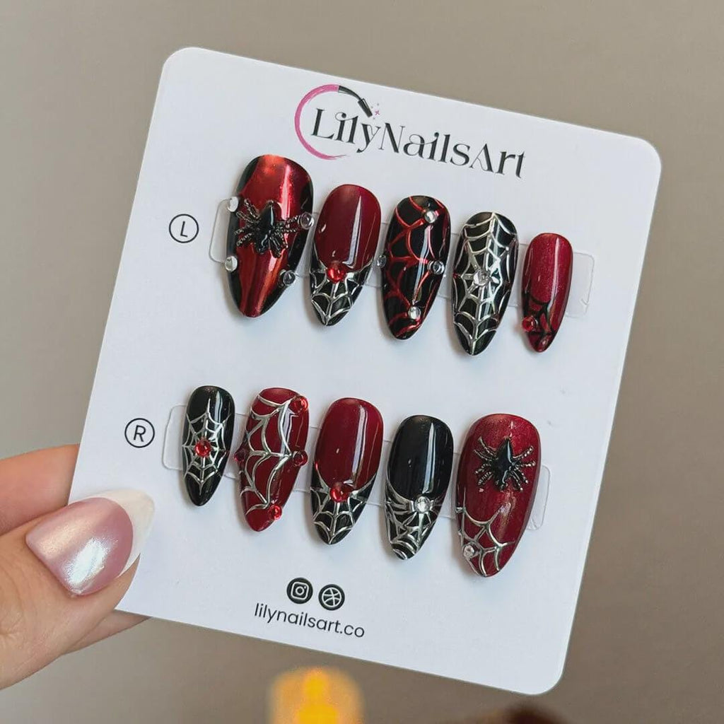 Halloween Press On Nails with 3D Black Spider on Silver & Red Web | Gothic Fake Nails in Medium Almond | Handmade Nail Art for Costume Party