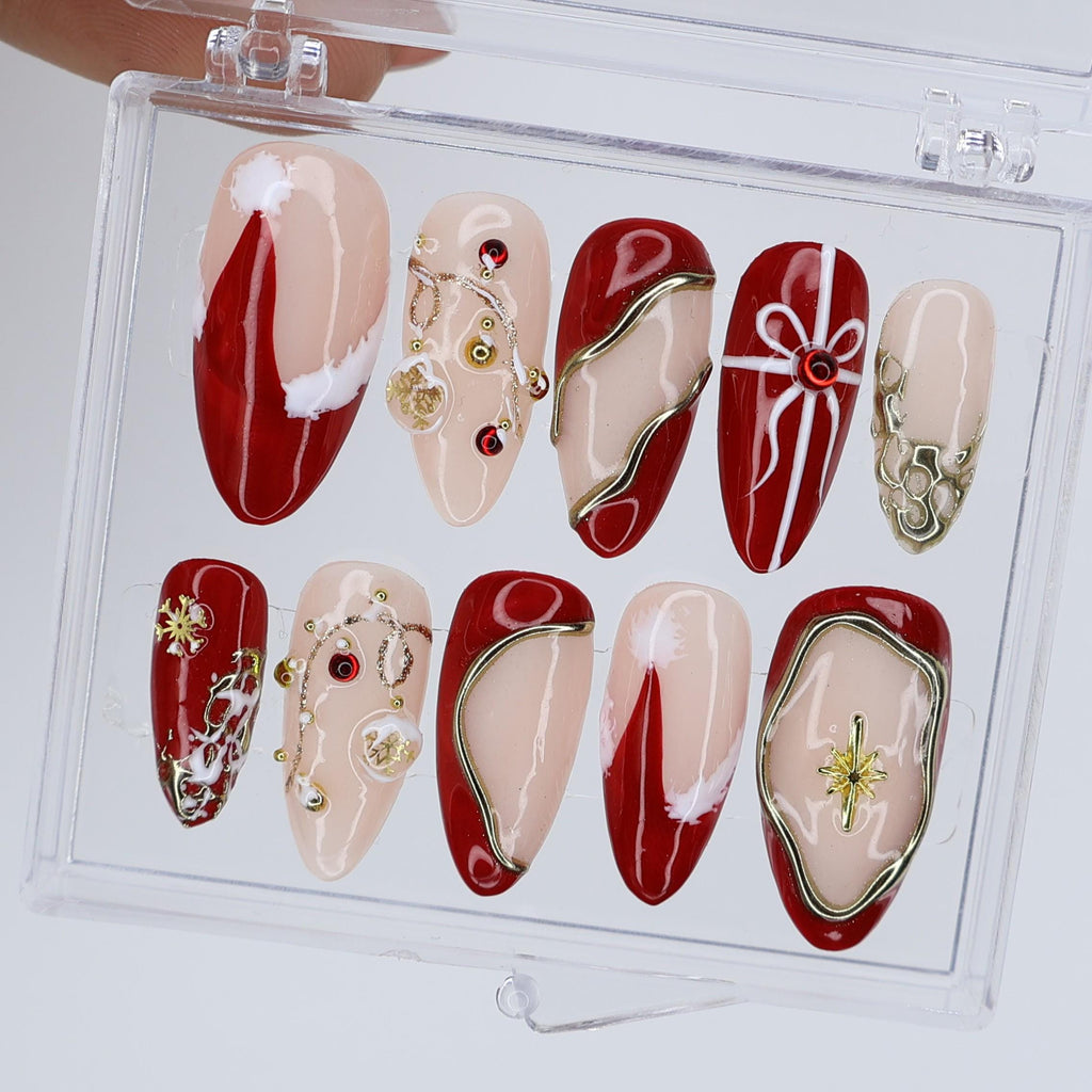 Christmas Press On Nails with Red & Gold Design | Fake Nails in Medium Almond | Handmade Nail Art For Holiday, Birthday Or Gift For Her