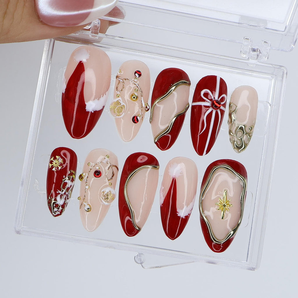 Christmas Press On Nails with Red & Gold Design | Fake Nails in Medium Almond | Handmade Nail Art For Holiday, Birthday Or Gift For Her