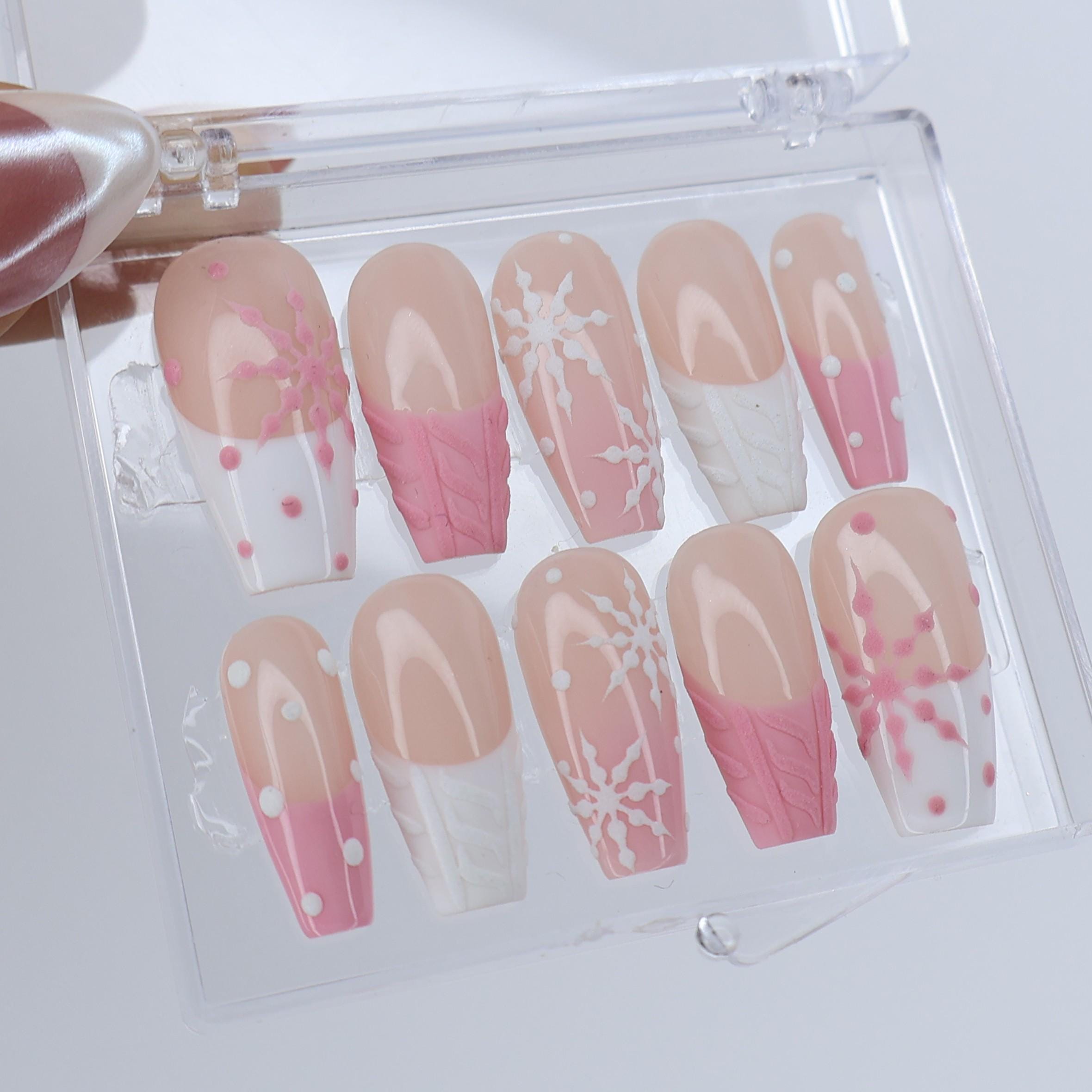 Winter Press On Nails with White Snowflake & Pink Sweater Design | Medium Coffin Fake Nails | Handmade Nail Art for Christmas, Gift for Her
