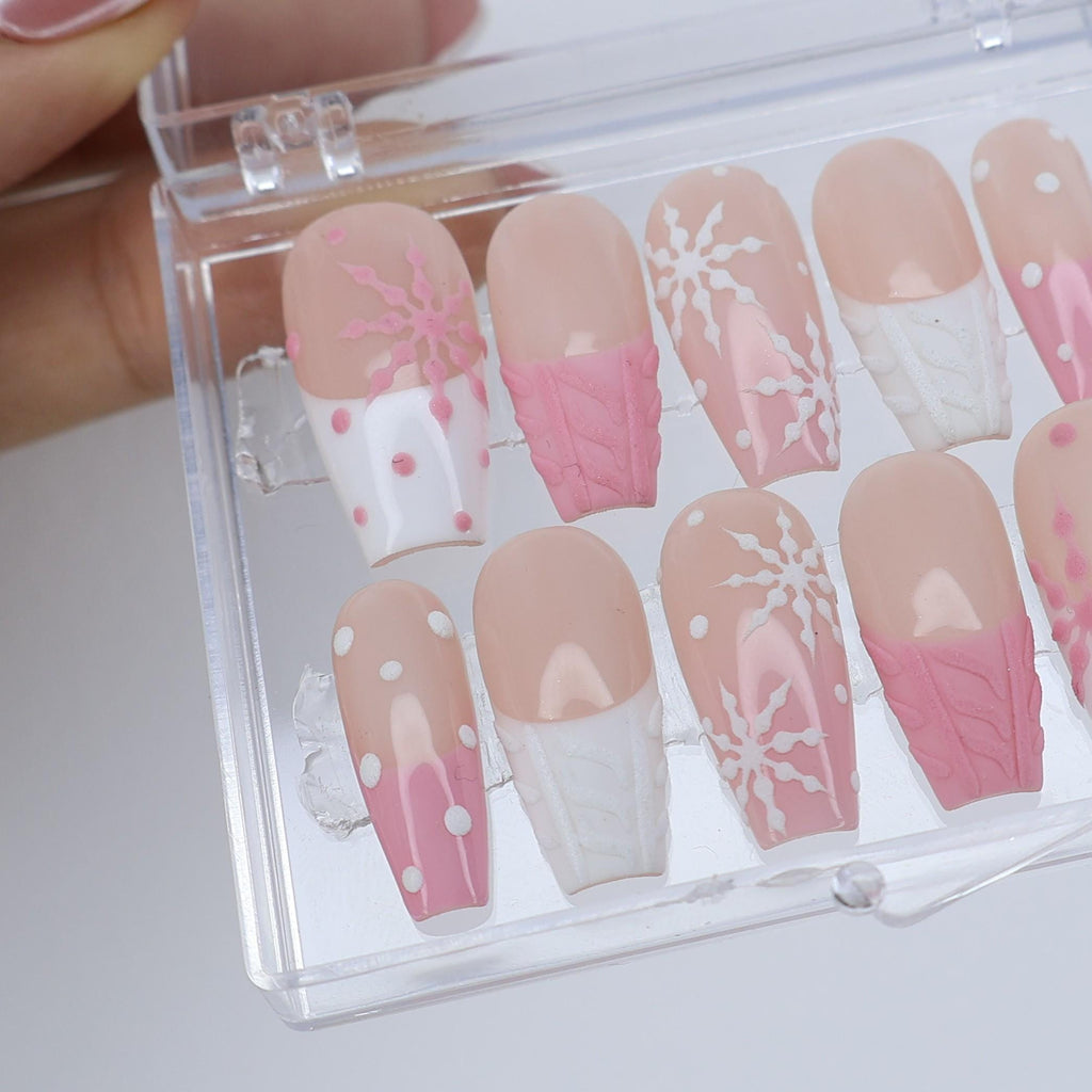 Winter Press On Nails with White Snowflake & Pink Sweater Design | Medium Coffin Fake Nails | Handmade Nail Art for Christmas, Gift for Her