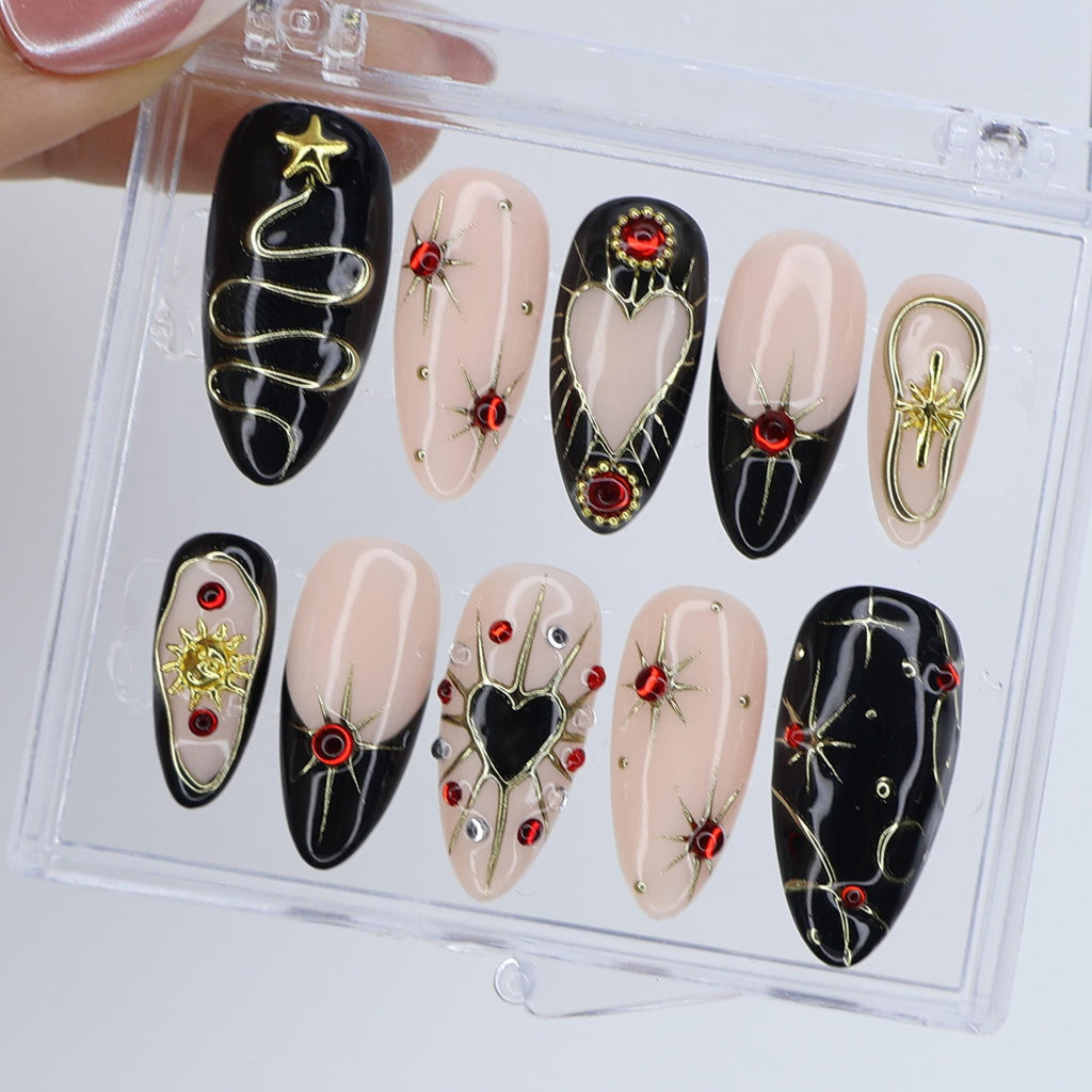 Black and Gold Gothic Press On Nails with Red Heart Gems | Medium Almond Fake Nails | Handmade Luxury Nail Art for Christmas or Party