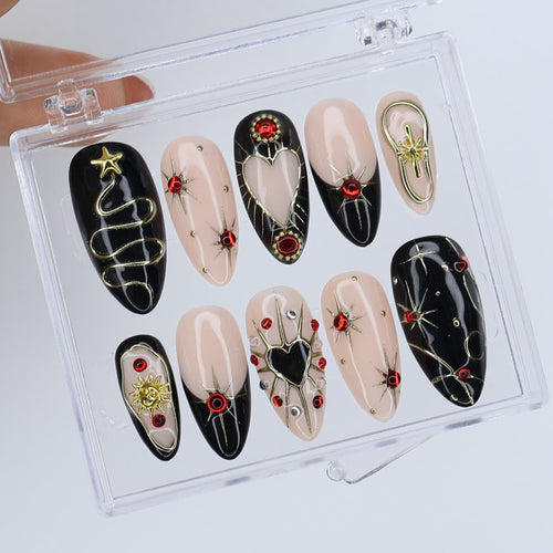 Black and Gold Gothic Press On Nails with Red Heart Gems | Medium Almond Fake Nails | Handmade Luxury Nail Art for Christmas or Party