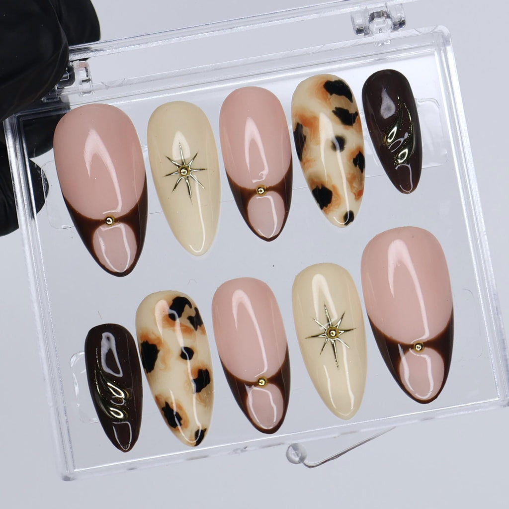 Fall Neutral Press On Nails With Cow Print | Medium Almond French Tip Fake Nails | Handmade Nail Art for Everyday Wear or Gift for Her