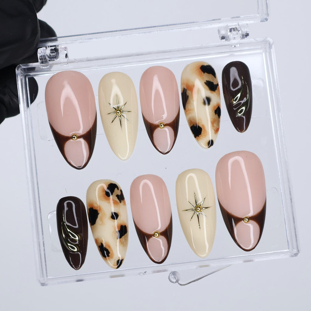 Fall Neutral Press On Nails With Cow Print | Medium Almond French Tip Fake Nails | Handmade Nail Art for Everyday Wear or Gift for Her