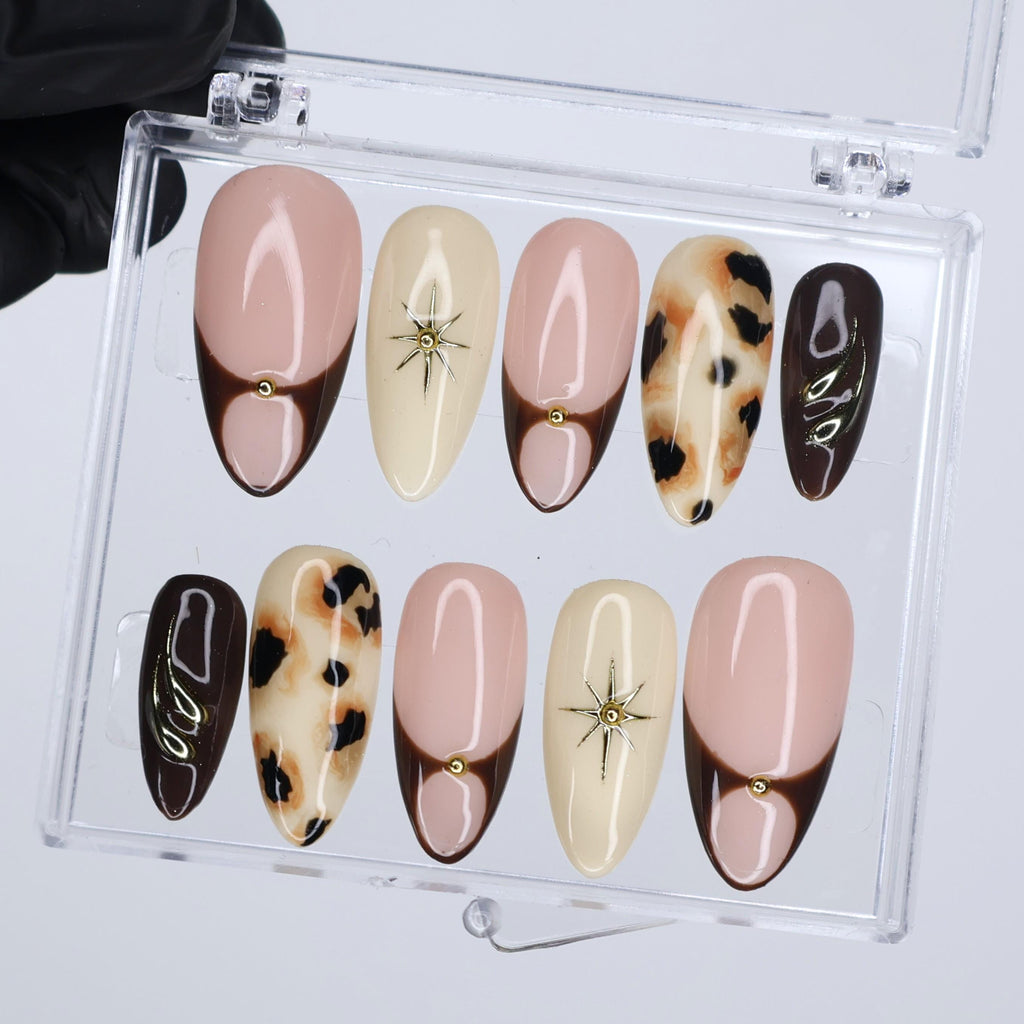 Fall Neutral Press On Nails With Cow Print | Medium Almond French Tip Fake Nails | Handmade Nail Art for Everyday Wear or Gift for Her