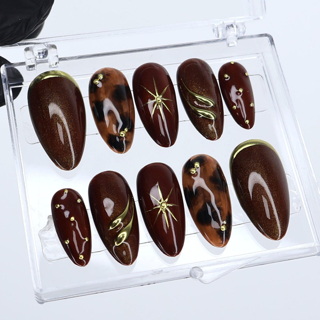 Luxury Autumn Press On Nails in Brown Cat-Eye & Tortoise Shell | Medium Almond French Tip Fake Nails | Handmade Nail Art for Everyday Wear