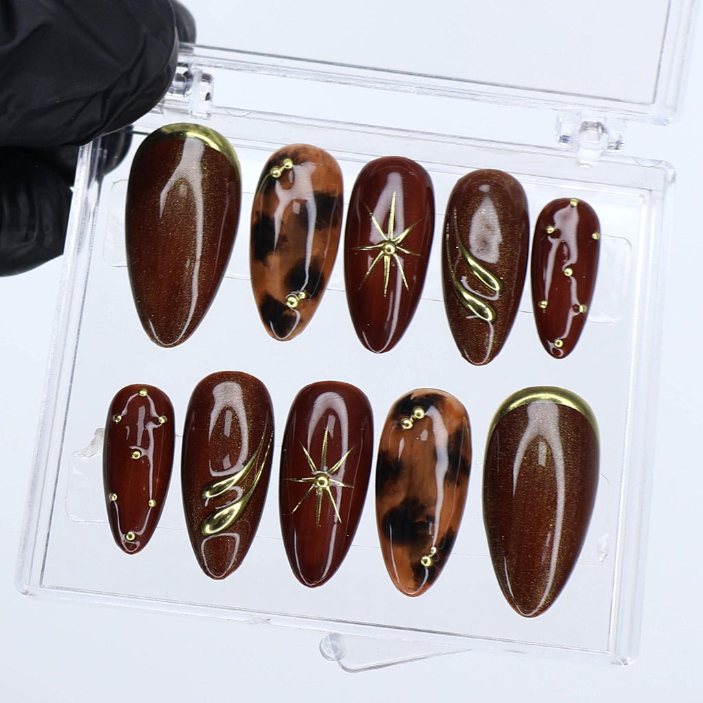 Luxury Autumn Press On Nails in Brown Cat-Eye & Tortoise Shell | Medium Almond French Tip Fake Nails | Handmade Nail Art for Everyday Wear