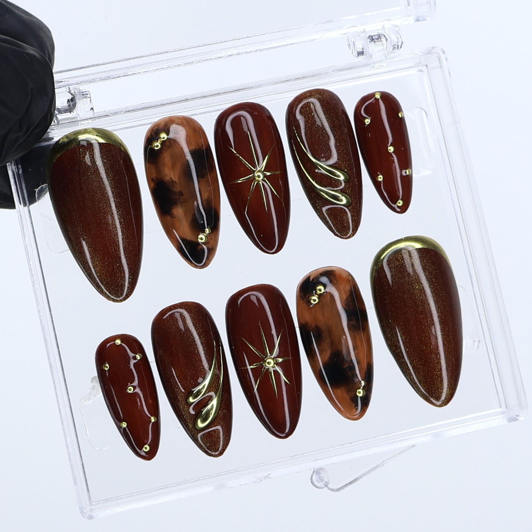 Luxury Autumn Press On Nails in Brown Cat-Eye & Tortoise Shell | Medium Almond French Tip Fake Nails | Handmade Nail Art for Everyday Wear
