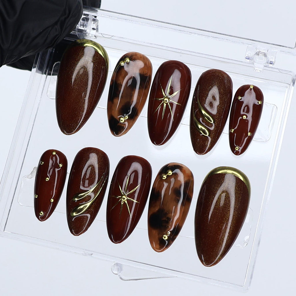 Luxury Autumn Press On Nails in Brown Cat-Eye & Tortoise Shell | Medium Almond French Tip Fake Nails | Handmade Nail Art for Everyday Wear
