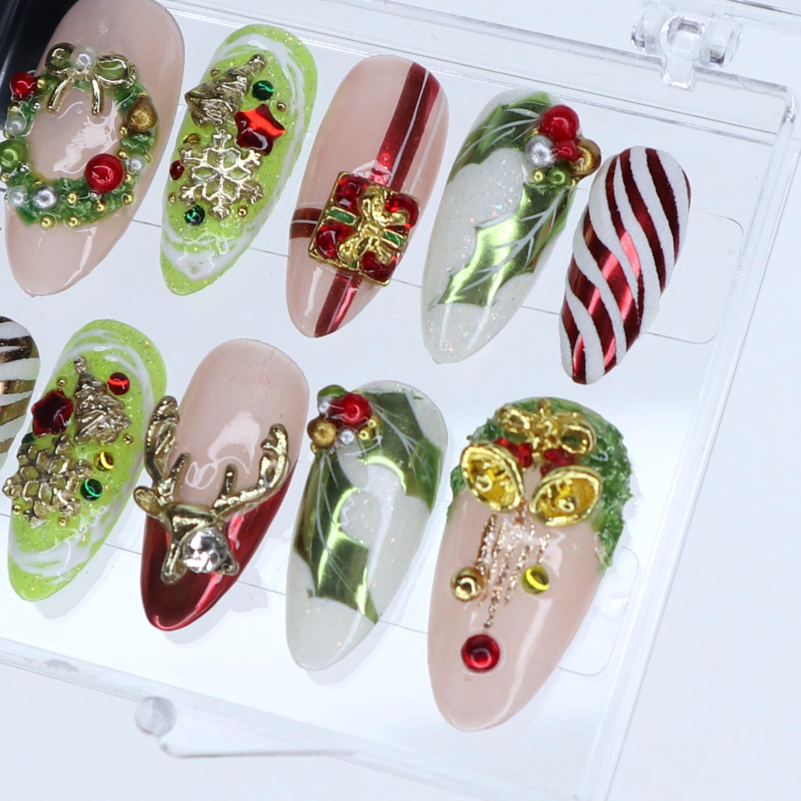 Christmas Press On Nails with 3D Wreath, Reindeer, Gift & Candy Cane | Medium Almond Fake Nails | Handmade Holiday Nail Art Set or Gifts