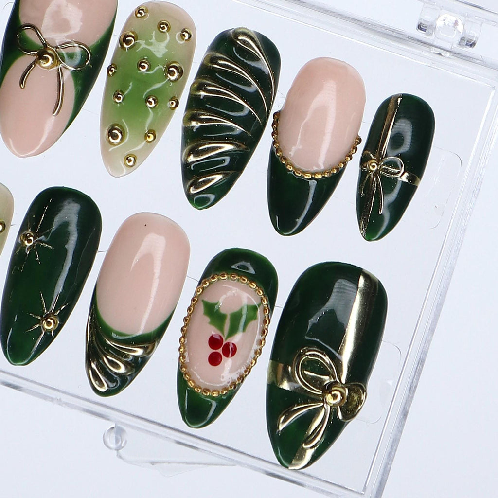 Christmas Press On Nails in Green | Bow, Holly & Ornament Design | Medium Almond Fake Nails | Handmade Holiday Nail Art Or Gift For Her
