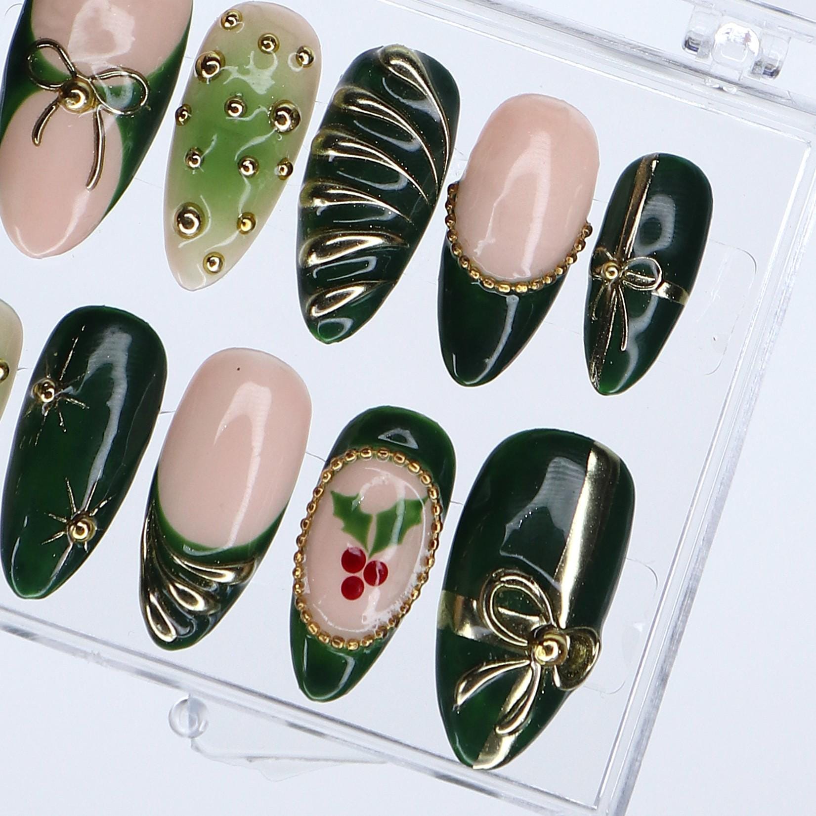 Christmas Press On Nails in Green | Bow, Holly & Ornament Design | Medium Almond Fake Nails | Handmade Holiday Nail Art Or Gift For Her