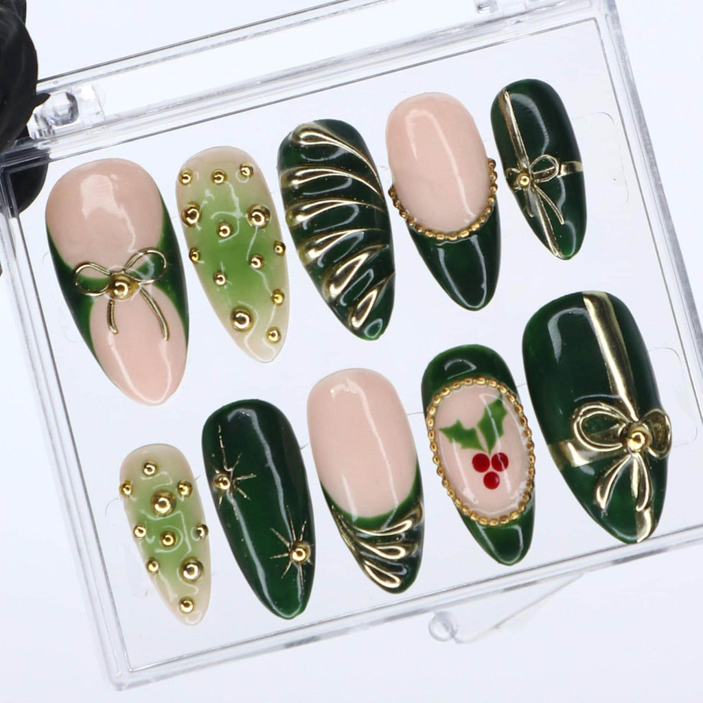 Christmas Press On Nails in Green | Bow, Holly & Ornament Design | Medium Almond Fake Nails | Handmade Holiday Nail Art Or Gift For Her
