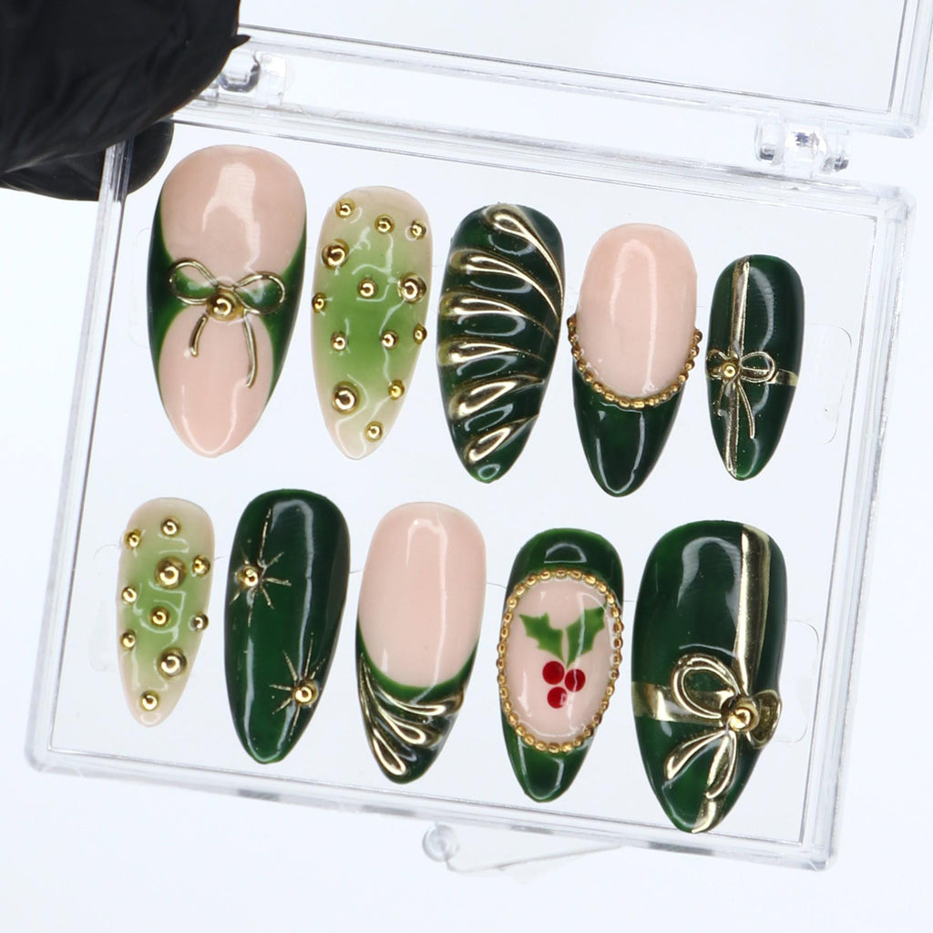 Christmas Press On Nails in Green | Bow, Holly & Ornament Design | Medium Almond Fake Nails | Handmade Holiday Nail Art Or Gift For Her