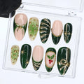 Christmas Press On Nails in Green | Bow, Holly & Ornament Design | Medium Almond Fake Nails | Handmade Holiday Nail Art Or Gift For Her