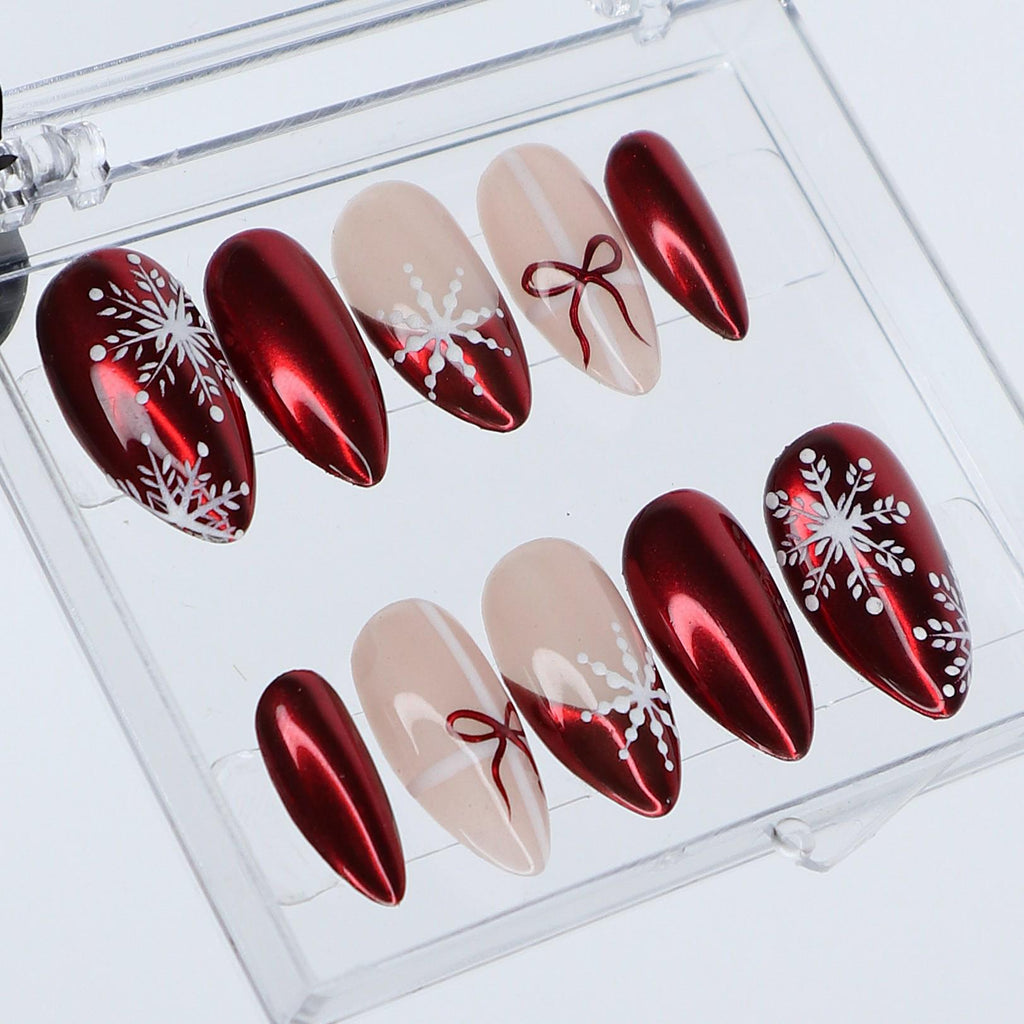 Red Chrome And Snowflake Press Ons | Medium Almond | Handmade Holiday Nail Art