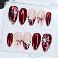 Red Chrome And Snowflake Press Ons | Medium Almond | Handmade Holiday Nail Art