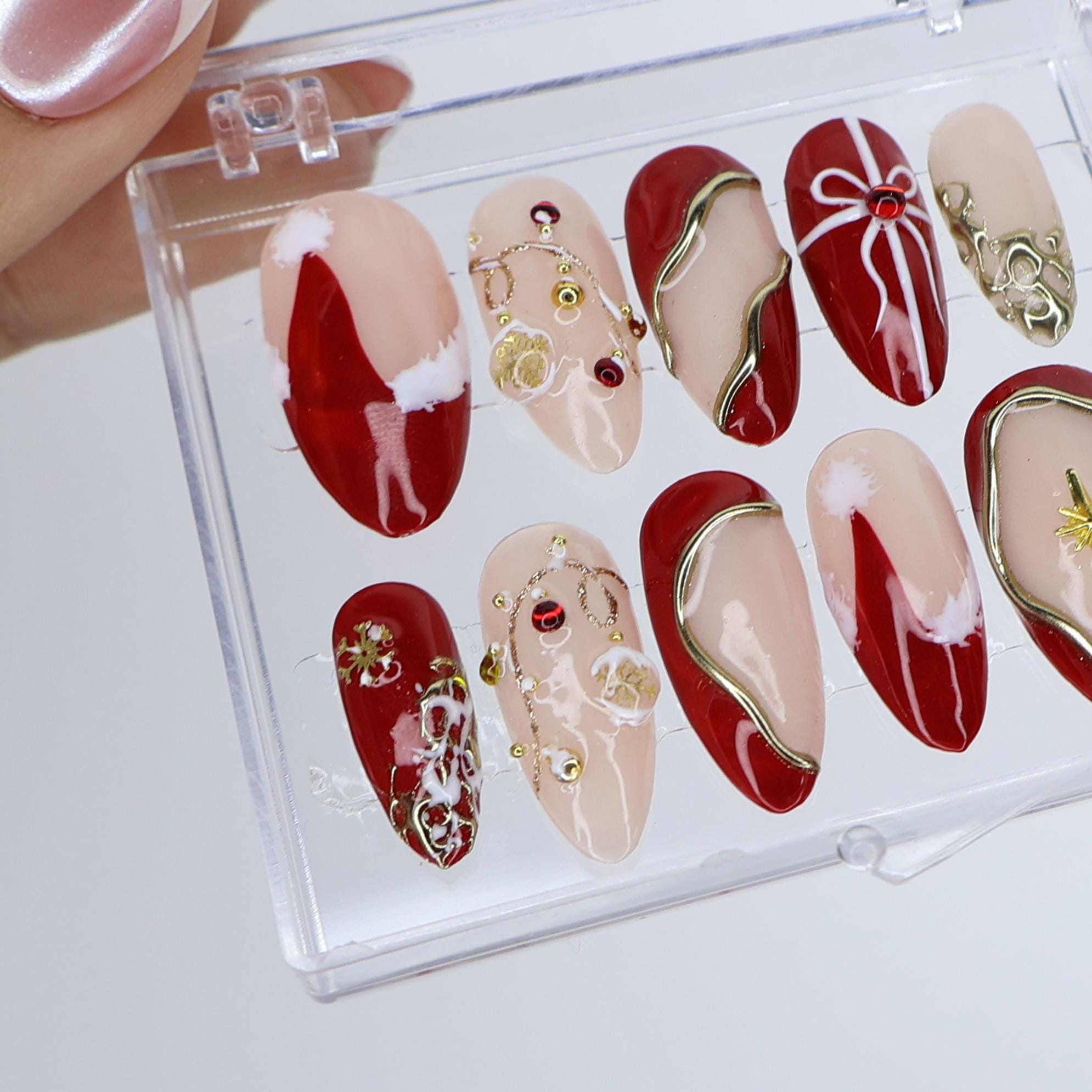 Christmas Press On Nails with Red & Gold Design | Fake Nails in Medium Almond | Handmade Nail Art For Holiday, Birthday Or Gift For Her
