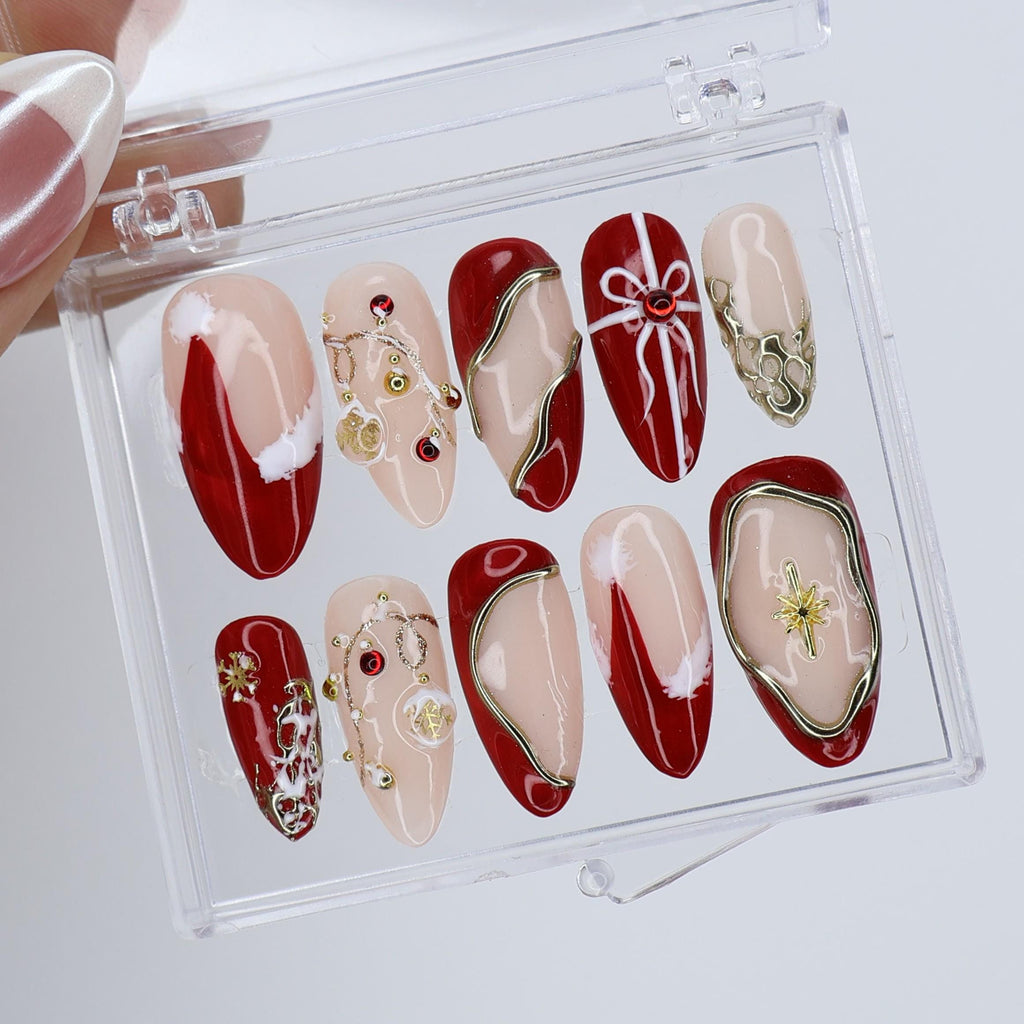 Christmas Press On Nails with Red & Gold Design | Fake Nails in Medium Almond | Handmade Nail Art For Holiday, Birthday Or Gift For Her