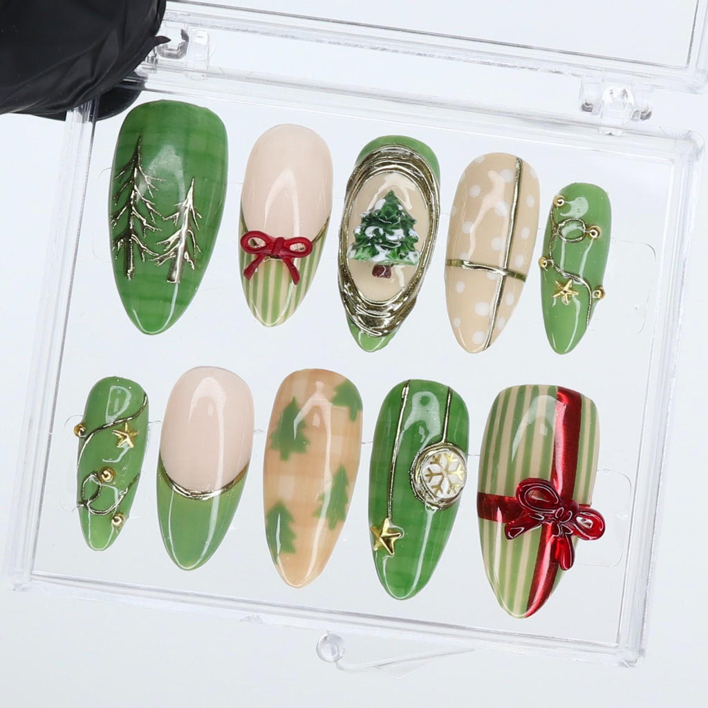 Green Christmas Press Ons | Holiday Tree & Bow Design | Medium Almond | Handmade Festive Nail Art