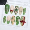 Green Christmas Press Ons | Holiday Tree & Bow Design | Medium Almond | Handmade Festive Nail Art