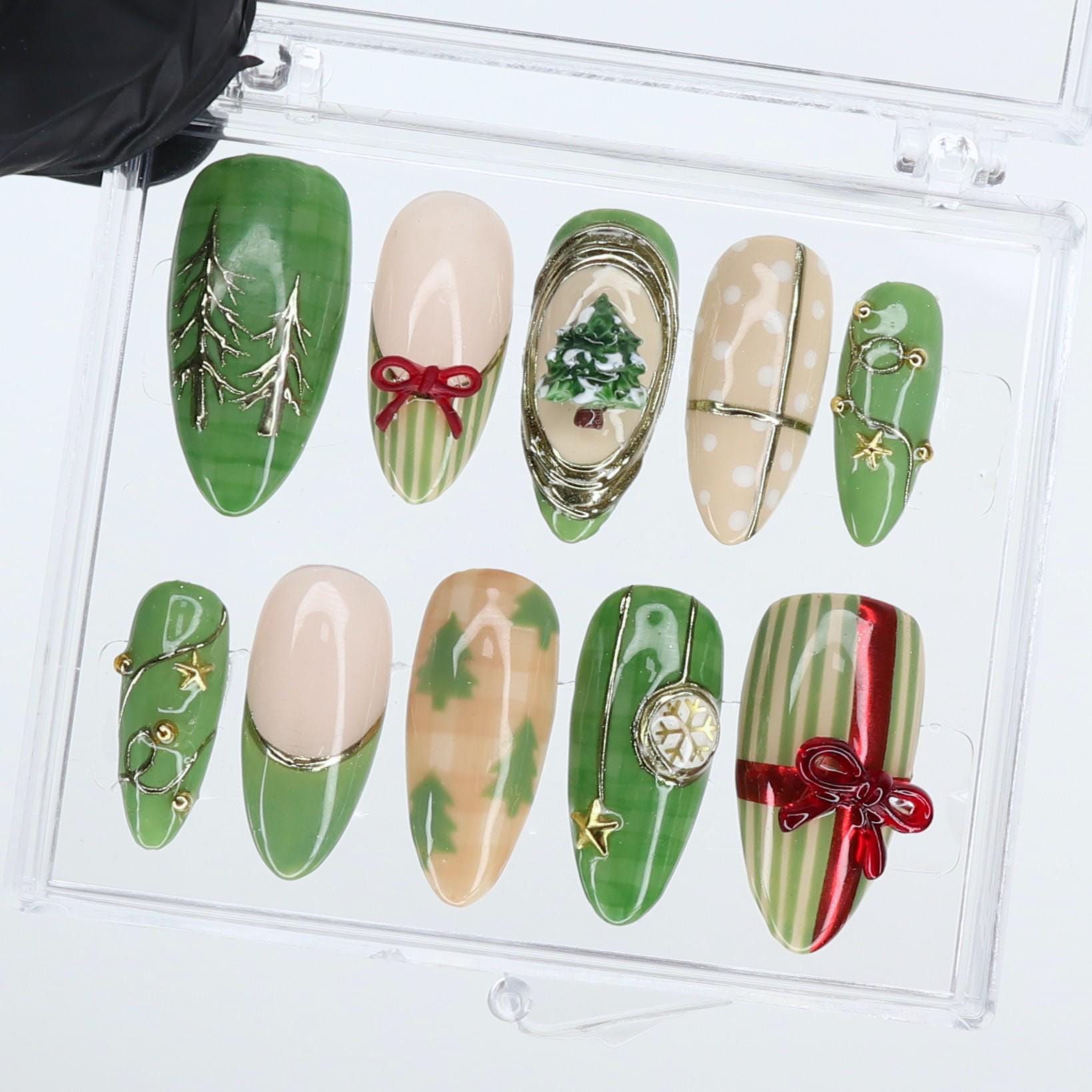 Green Christmas Press Ons | Holiday Tree & Bow Design | Medium Almond | Handmade Festive Nail Art