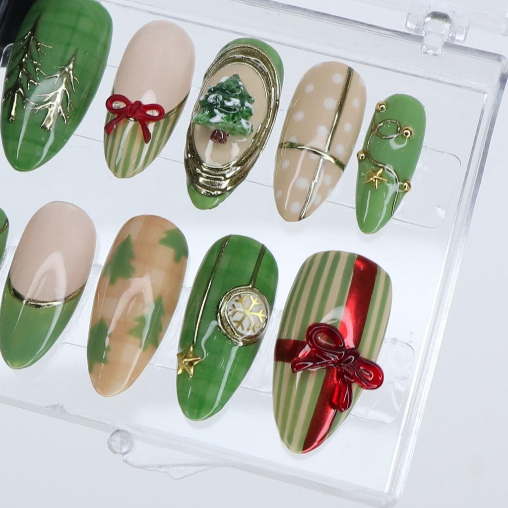 Green Christmas Press Ons | Holiday Tree & Bow Design | Medium Almond | Handmade Festive Nail Art