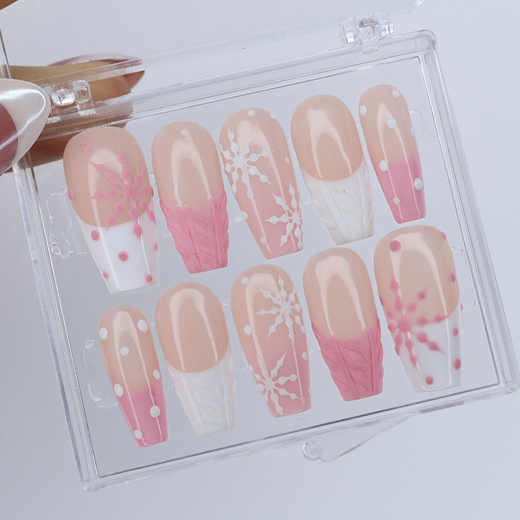 Winter Press On Nails with White Snowflake & Pink Sweater Design | Medium Coffin Fake Nails | Handmade Nail Art for Christmas, Gift for Her