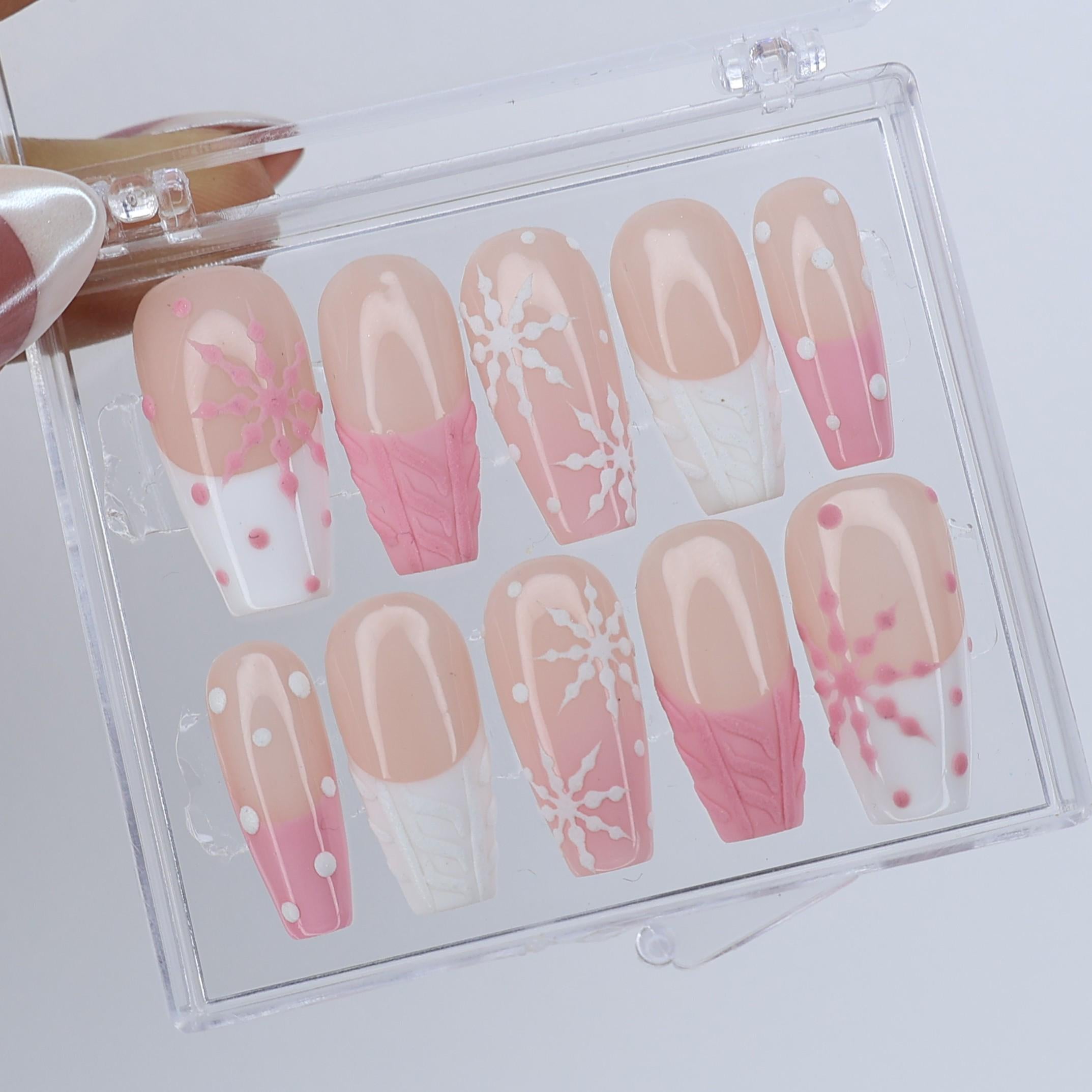 Winter Press On Nails with White Snowflake & Pink Sweater Design | Medium Coffin Fake Nails | Handmade Nail Art for Christmas, Gift for Her