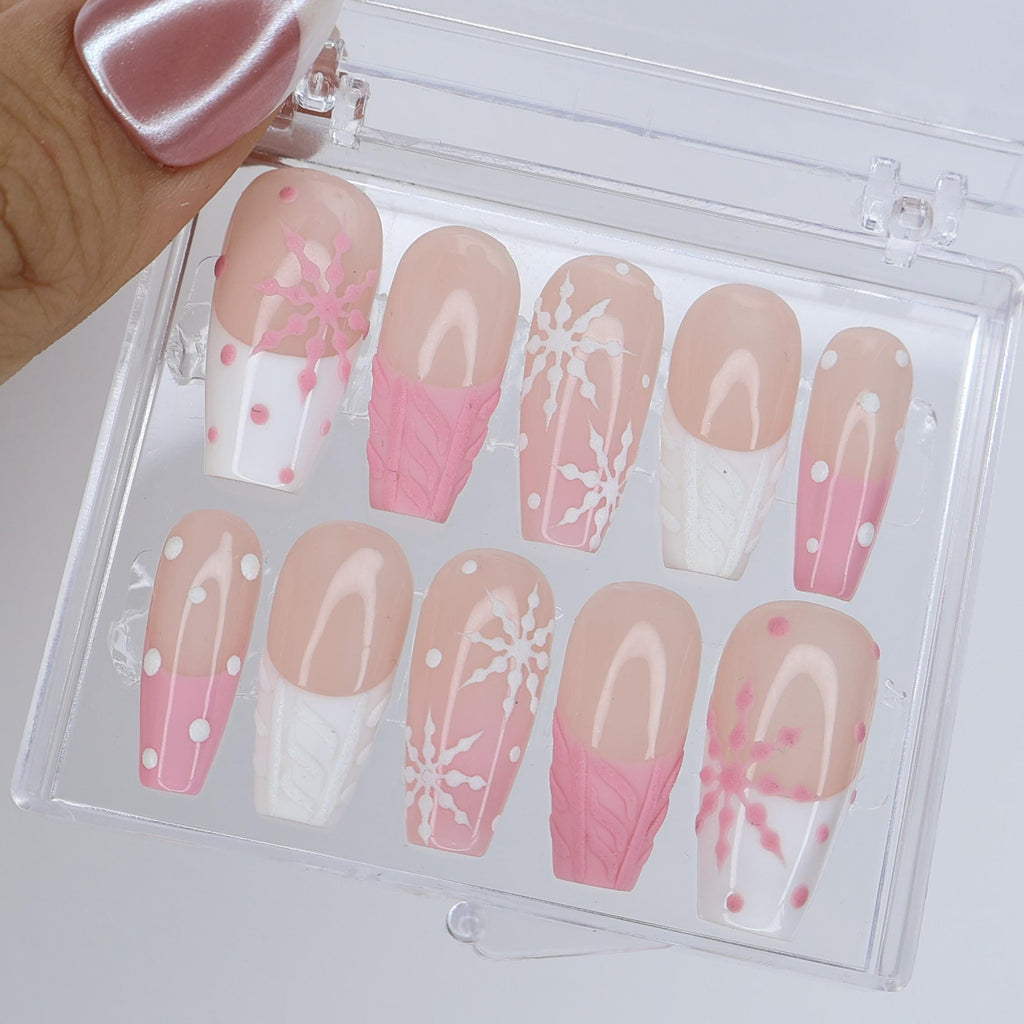 Winter Press On Nails with White Snowflake & Pink Sweater Design | Medium Coffin Fake Nails | Handmade Nail Art for Christmas, Gift for Her