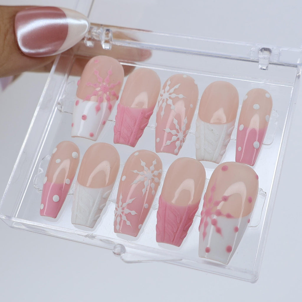 Winter Press On Nails with White Snowflake & Pink Sweater Design | Medium Coffin Fake Nails | Handmade Nail Art for Christmas, Gift for Her