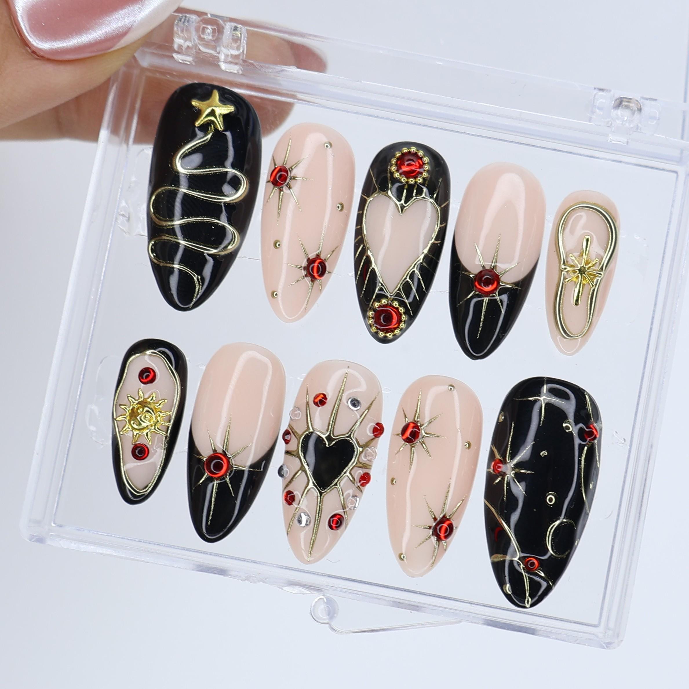 Black and Gold Gothic Press On Nails with Red Heart Gems | Medium Almond Fake Nails | Handmade Luxury Nail Art for Christmas or Party