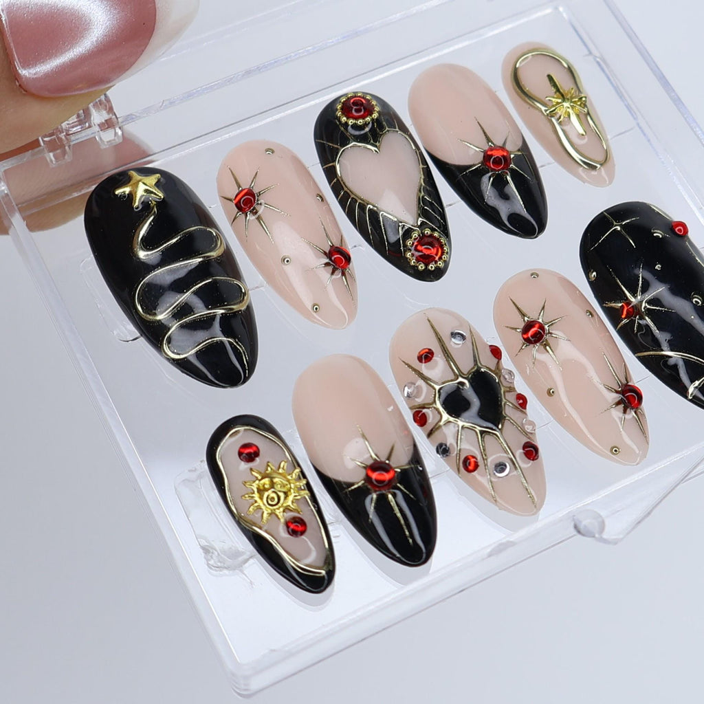 Black and Gold Gothic Press On Nails with Red Heart Gems | Medium Almond Fake Nails | Handmade Luxury Nail Art for Christmas or Party