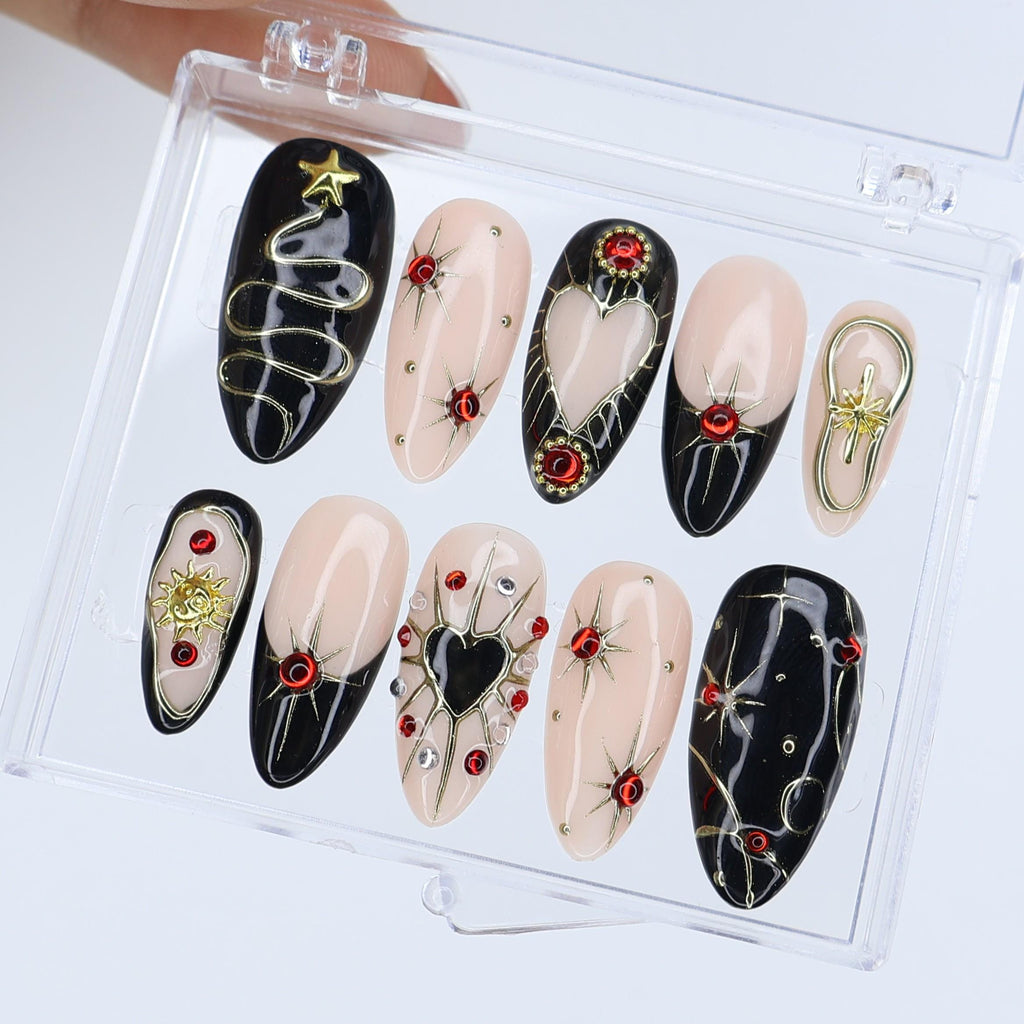 Black and Gold Gothic Press On Nails with Red Heart Gems | Medium Almond Fake Nails | Handmade Luxury Nail Art for Christmas or Party