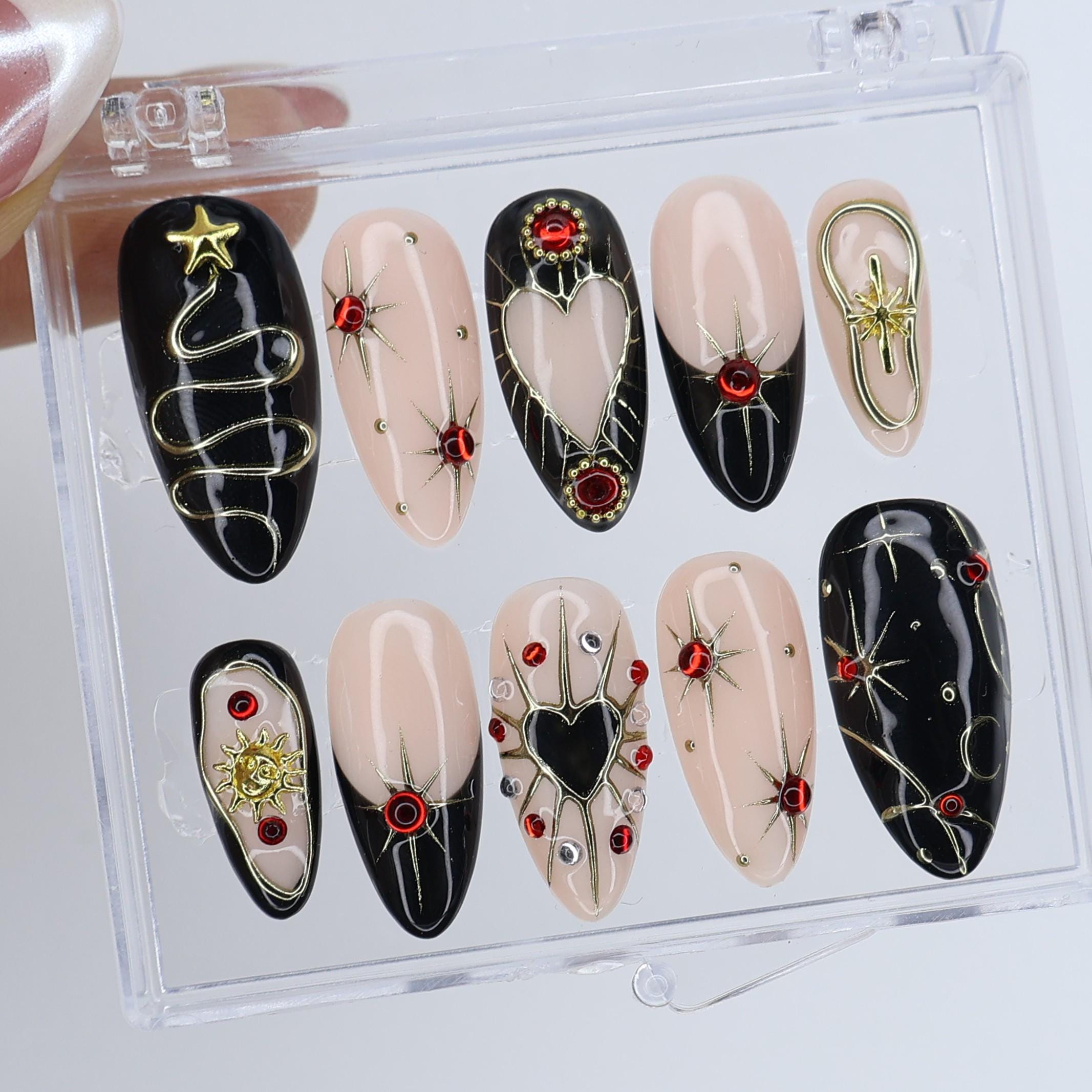 Black and Gold Gothic Press On Nails with Red Heart Gems | Medium Almond Fake Nails | Handmade Luxury Nail Art for Christmas or Party