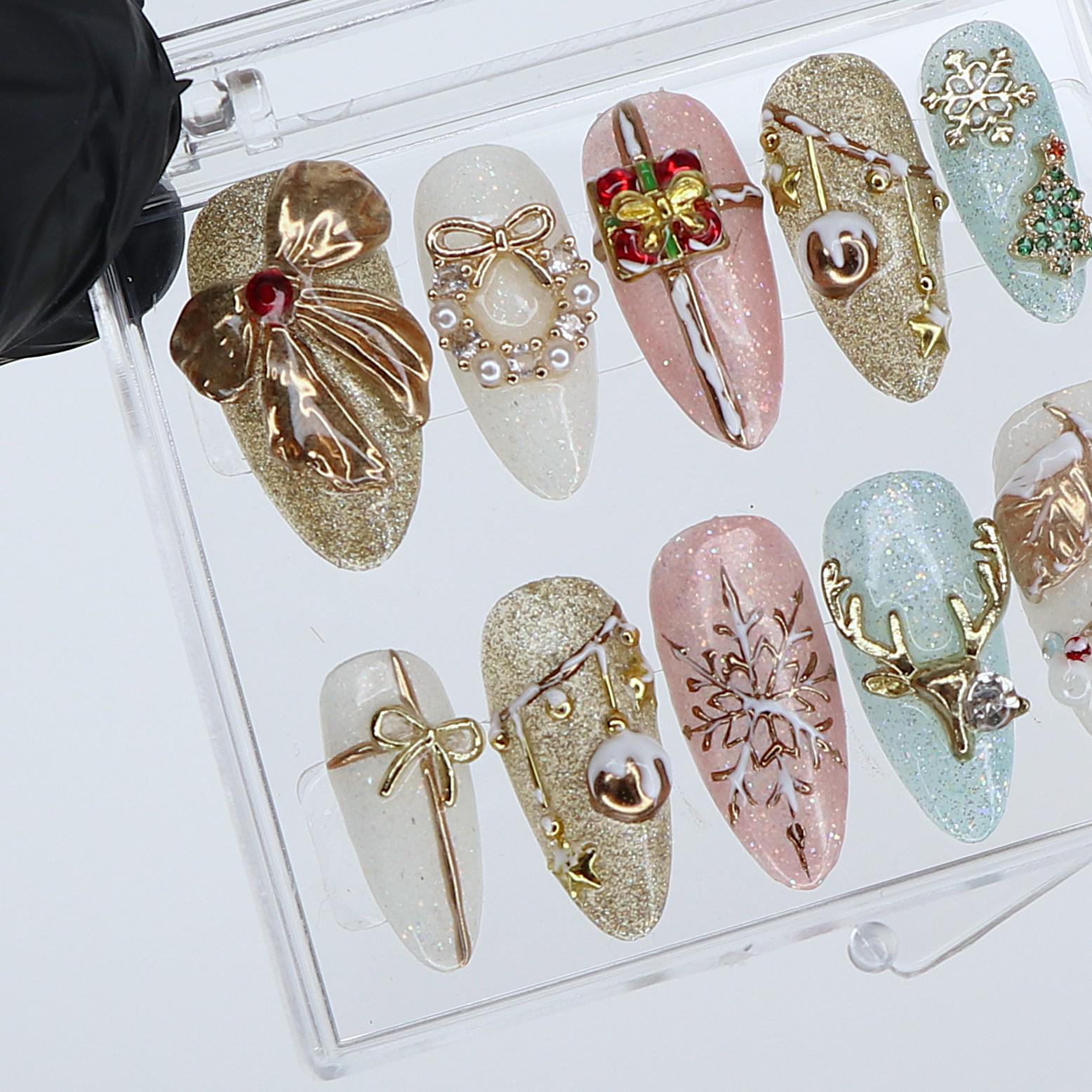 Christmas Press On Nails with 3D Bow, Gift & Snowflake Design | Medium Almond Fake Nails | Handmade Holiday Nail Set Gift for Her