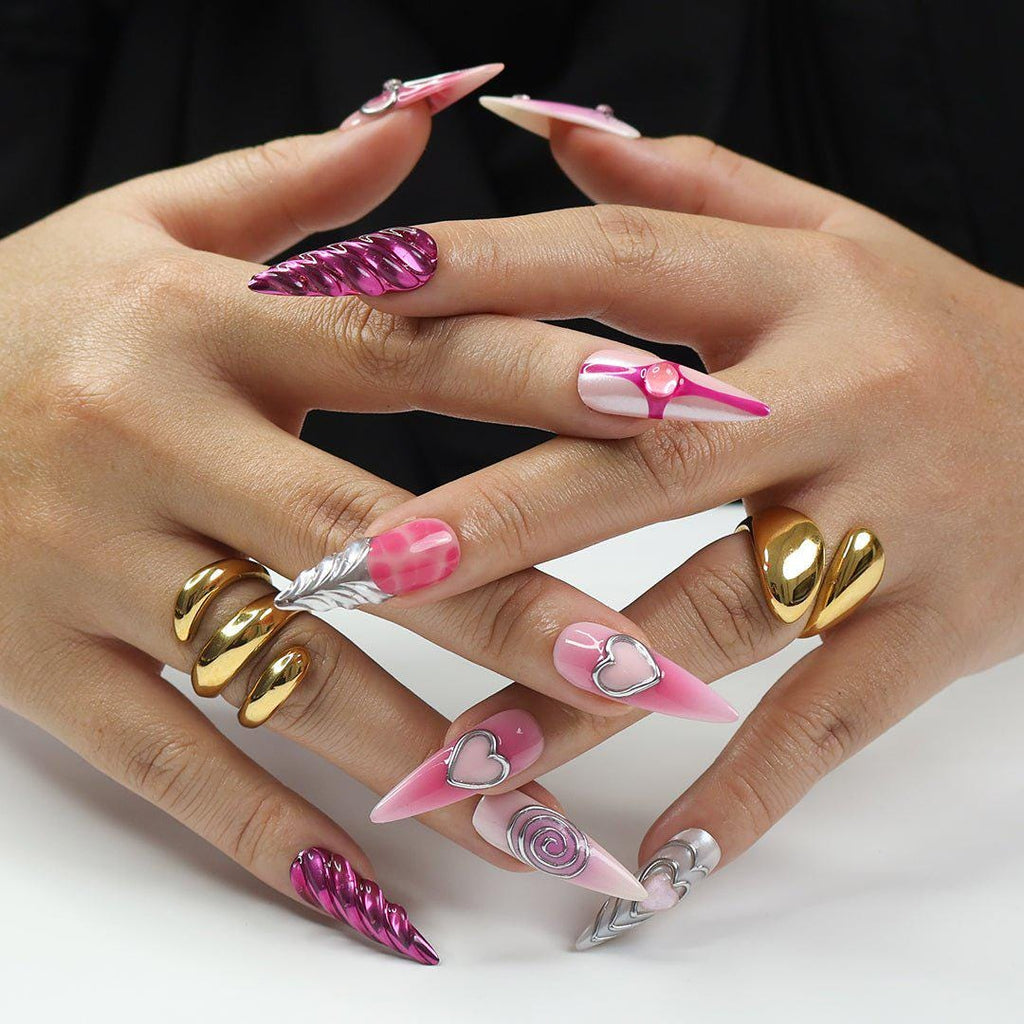 Freestyle 3D Pink & Purple Chrome Long Almond Press On Nails, Cute Valentine Fake Nails, Holiday Birthday Event Nails Art