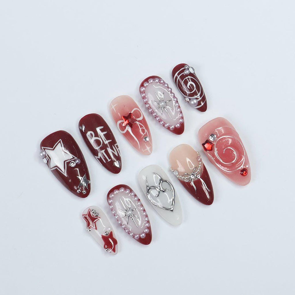 Freestyle Red Chrome Press On Nails, Air Brush Pink Fake Nails, Elegant Chrome Nails, Birthday Party Holiday Nails/ Valentine Nail Set
