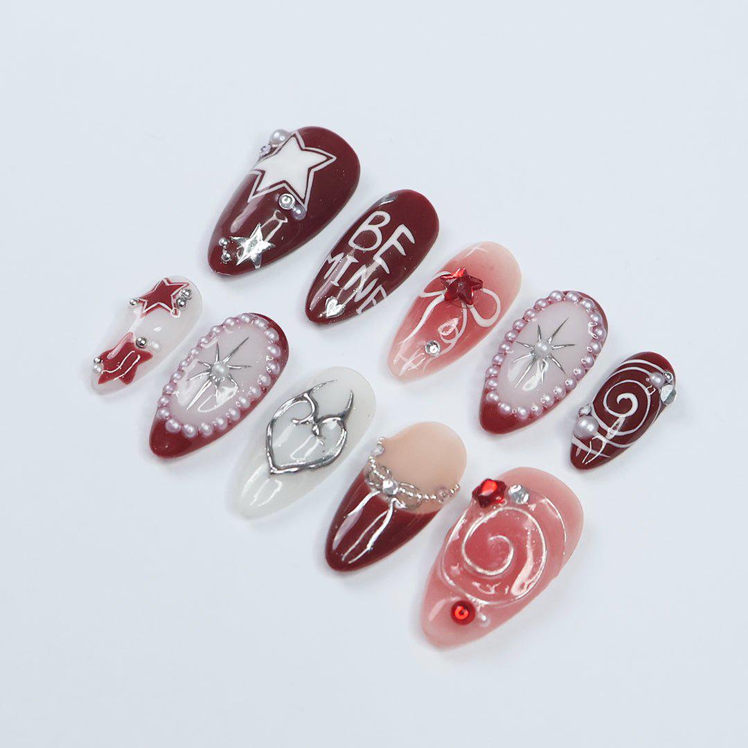 Freestyle Red Chrome Press On Nails, Air Brush Pink Fake Nails, Elegant Chrome Nails, Birthday Party Holiday Nails/ Valentine Nail Set