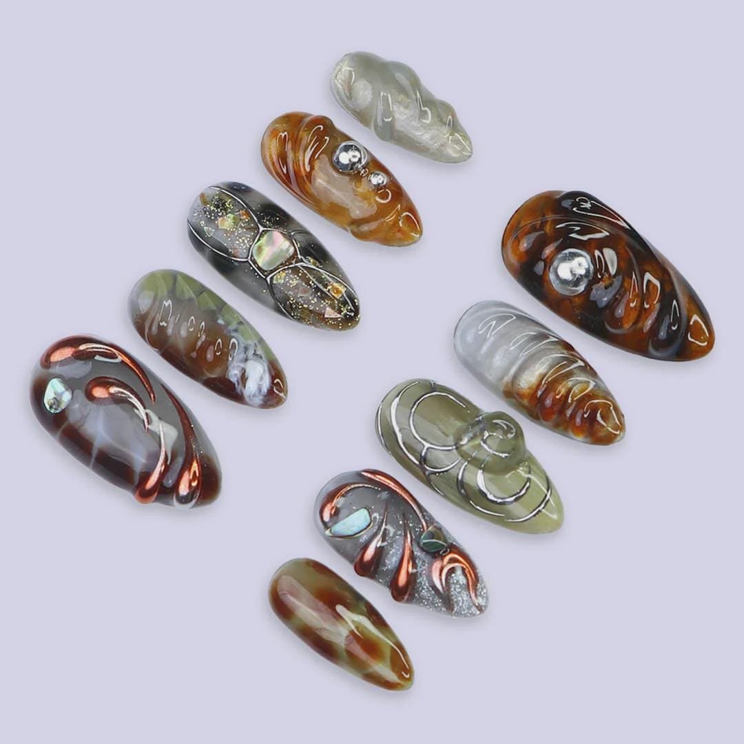 Press On Nails Galaxy Amber with Metallic Swirl Art | 3D Fake Nails in Medium Almond | Handmade Luxury Nail Art for Holiday, Vacation, Gift