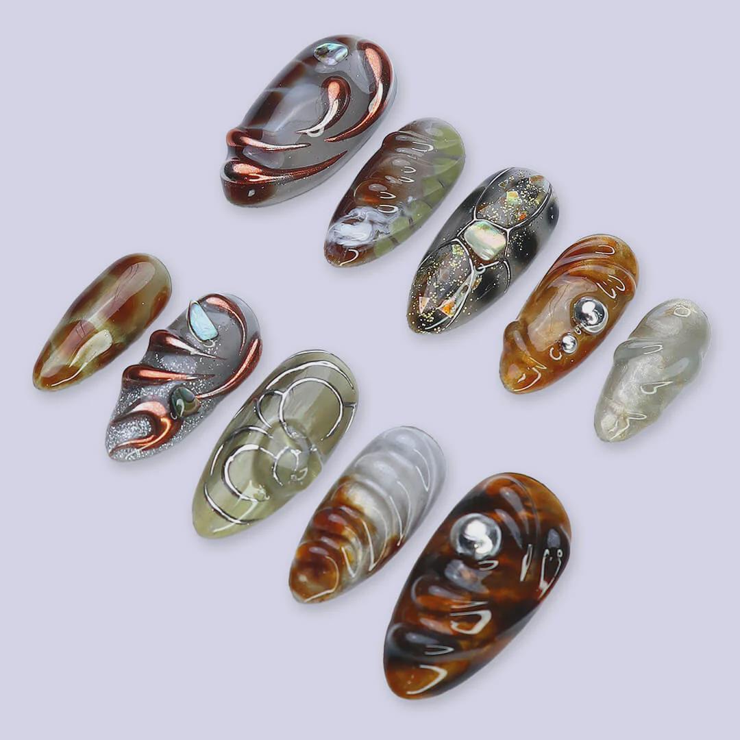 Press On Nails Galaxy Amber with Metallic Swirl Art | 3D Fake Nails in Medium Almond | Handmade Luxury Nail Art for Holiday, Vacation, Gift