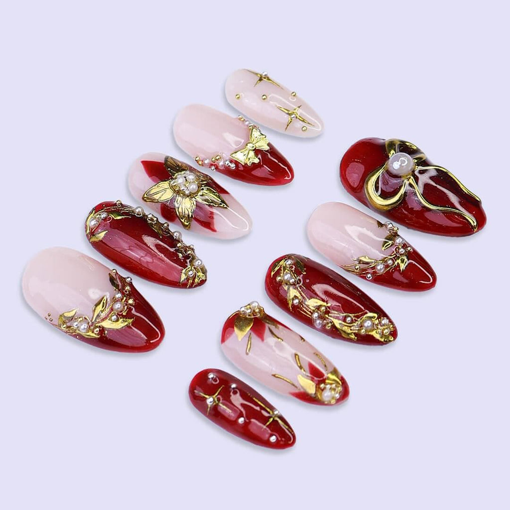Christmas Press On Nails with Gold & Red Poinsettia | Medium Almond | Holiday Nail Art